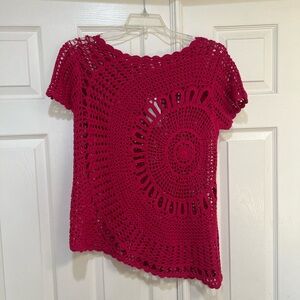 Chicos Size 3  Raspberry Pink Open-Crochet Top Diagonal‎ Hem Cap Sleeve Coverup